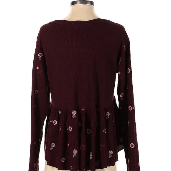 Altar'd State Long Sleeve Embroidered Waffle Knit Top in Burgundy - Picture 2 of 3